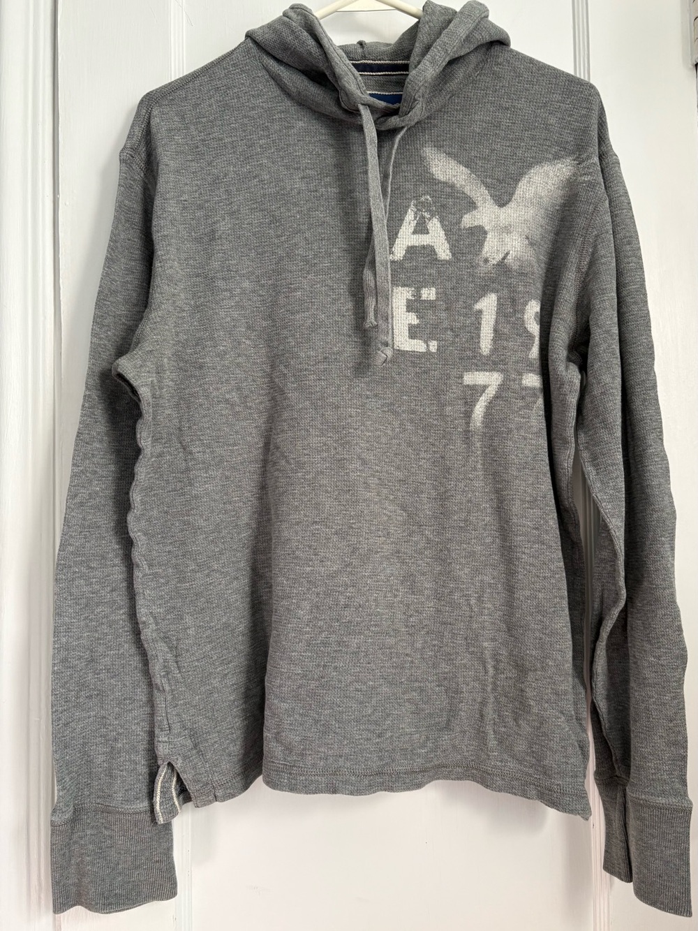 American Eagle Gray Thermal Knit Pullover Hoodie Graphic Long Sleeve, Sz: M